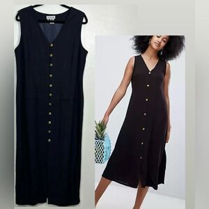 For Pete’s Sake Linen Blend Black Button Front Sleeveless Dress Size 14